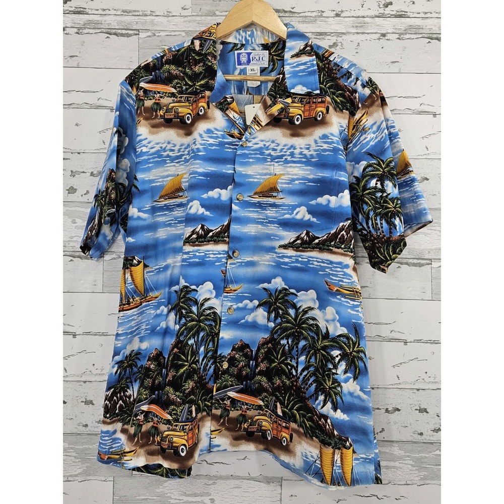 RJC Hawaii Mens XL Blue Tropical Woody Car Hula Sailboat Cotton Camp Shirt 104